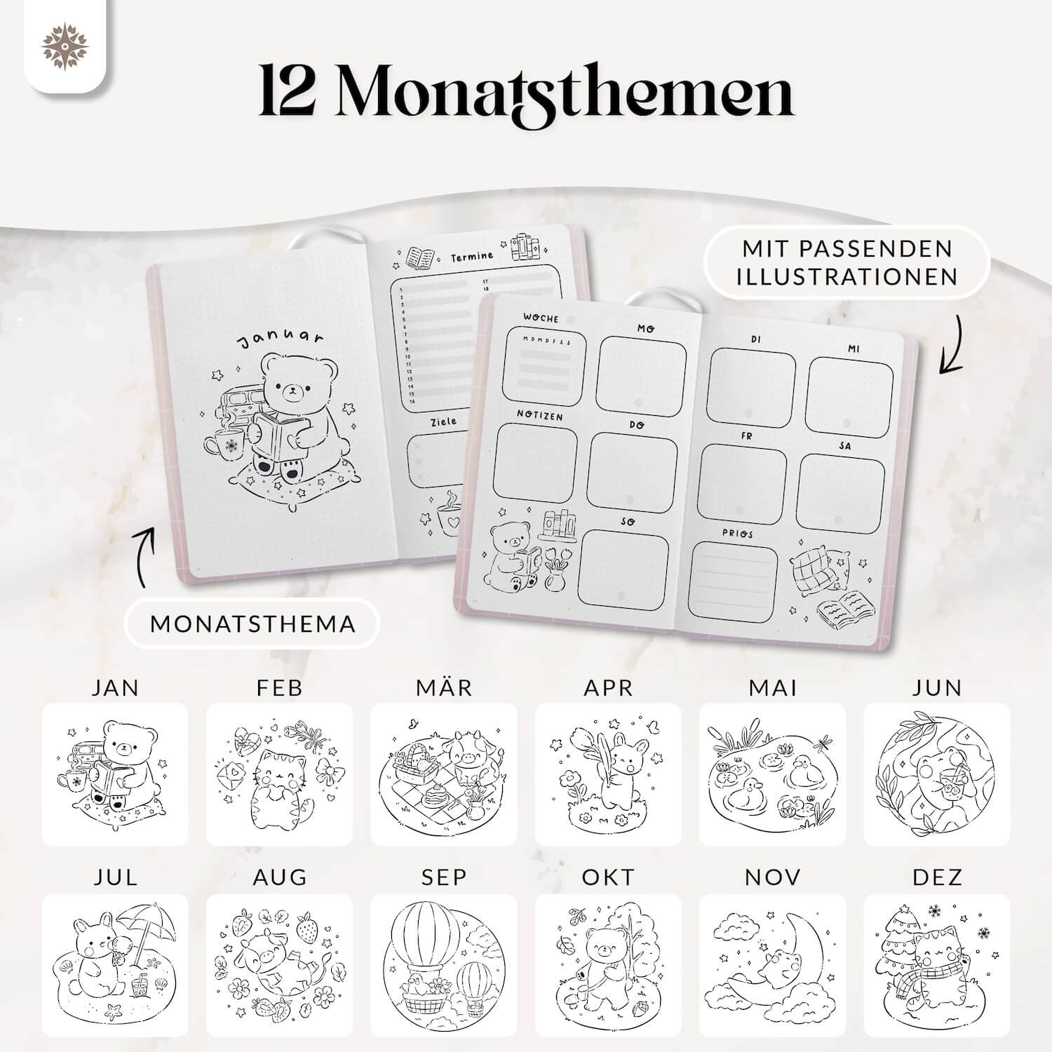 Bullet Journal Planer DIN A5 - Vorgefertigt zum Ausmalen